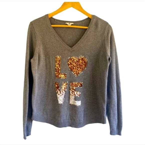 Guess Gray V Neck Sweater LOVE in Copper Silver Metallic Sequins Size L - Picture 1 of 9
